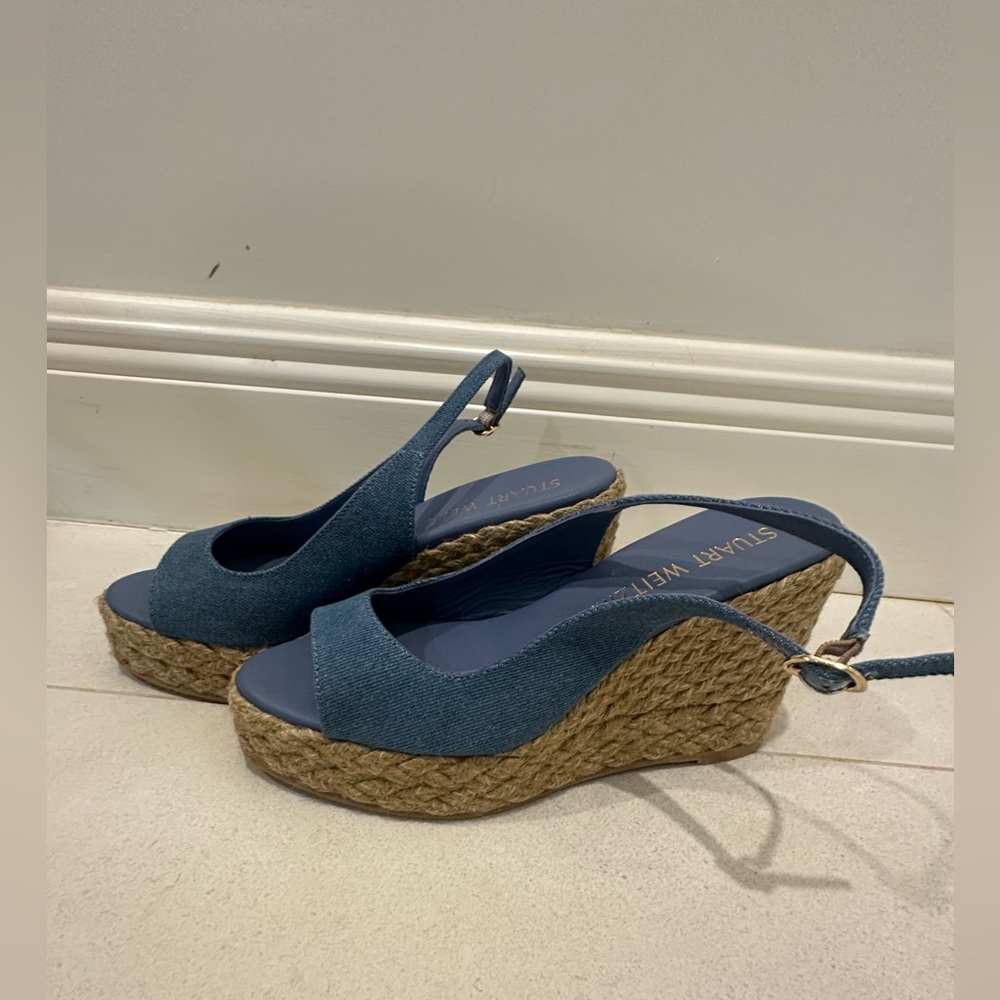 Stuart Weitzman Nudist Espadrille Wedge Sandals Blue Denim Size 10